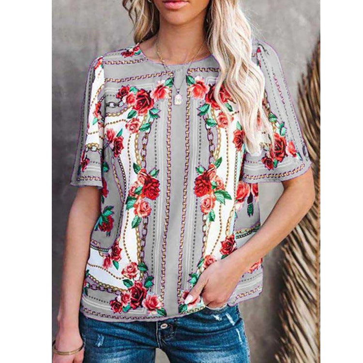 Women's Fashion Round Neck Short Sleeve T-Shirt Print Top
