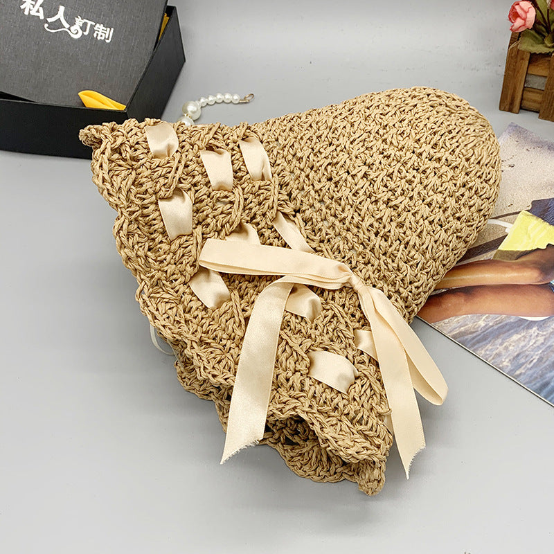 New Flat Big Brim Female Shade Dome Beach Hand Crochet Straw Hat