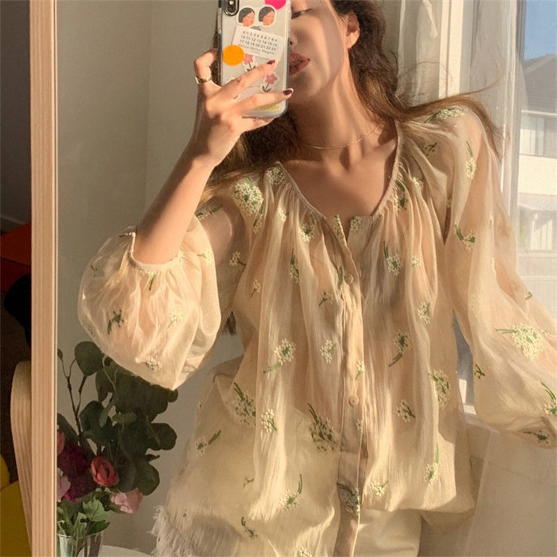 Women's 3D Embroidered Nude Beige Blouse