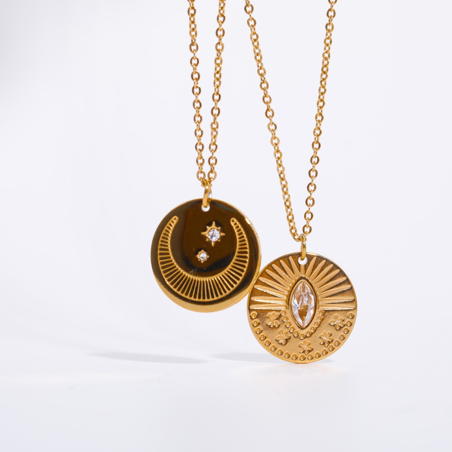 Three-Dimensional Sun Moon Round Coin Zircon Necklace