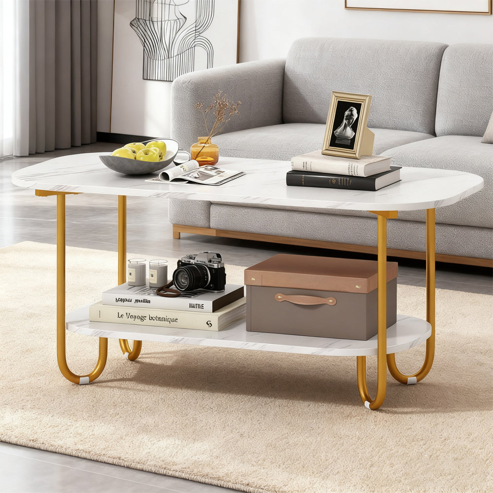 Modern 2-Tier Faux Marble Top Coffee Table