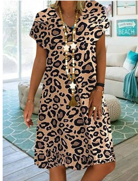 V-Neck Leopard Print V-Neck Short Sleeve Women