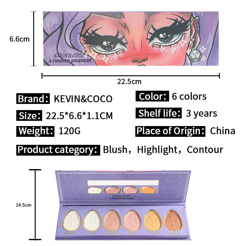 6-Color Trimming Highlighter Palette Blush Cosmetics Cute Makeup Tray Lasting Nature Makeup, 6-color Droplet Combination Blush Highlighter