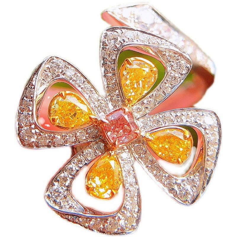 Yellow Diamond Four-Leaf Clover Crystal Female Ring