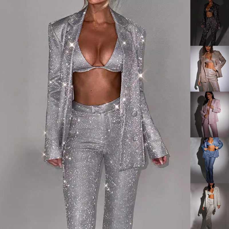 3pcs Shiny Long-sleeved Suit with Bra Lapel Blazer and Straight-Leg Trousers Fashion Party Jacket Set for Women Clothing