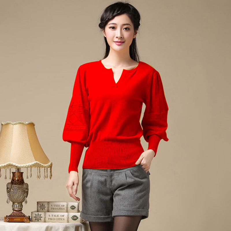 V-Neck Lantern Sleeve Sweater