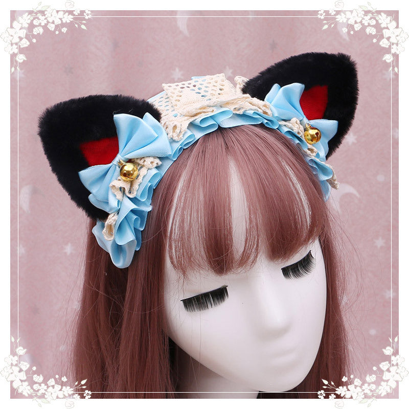 A Lovely Japanese Lolita Hairdress, Catwoman Plush Lolita Headdress, Lace Cat Ear Hair Band