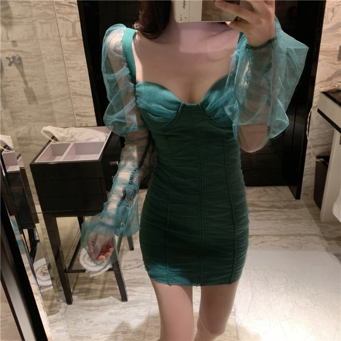 Sexy Low-Cut Stitching Mesh Long-Sleeved Dress