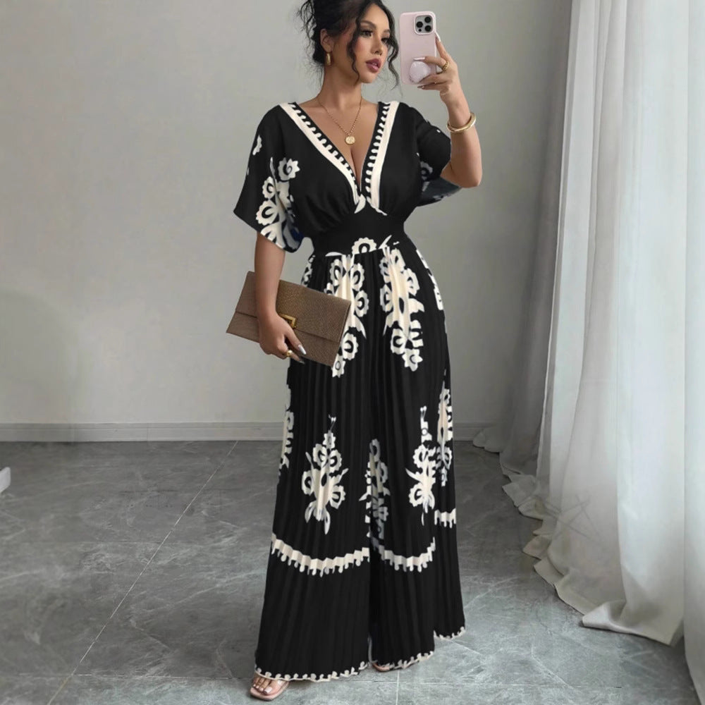 Casual Printed Loose Short-Sleeved Jumpsuit