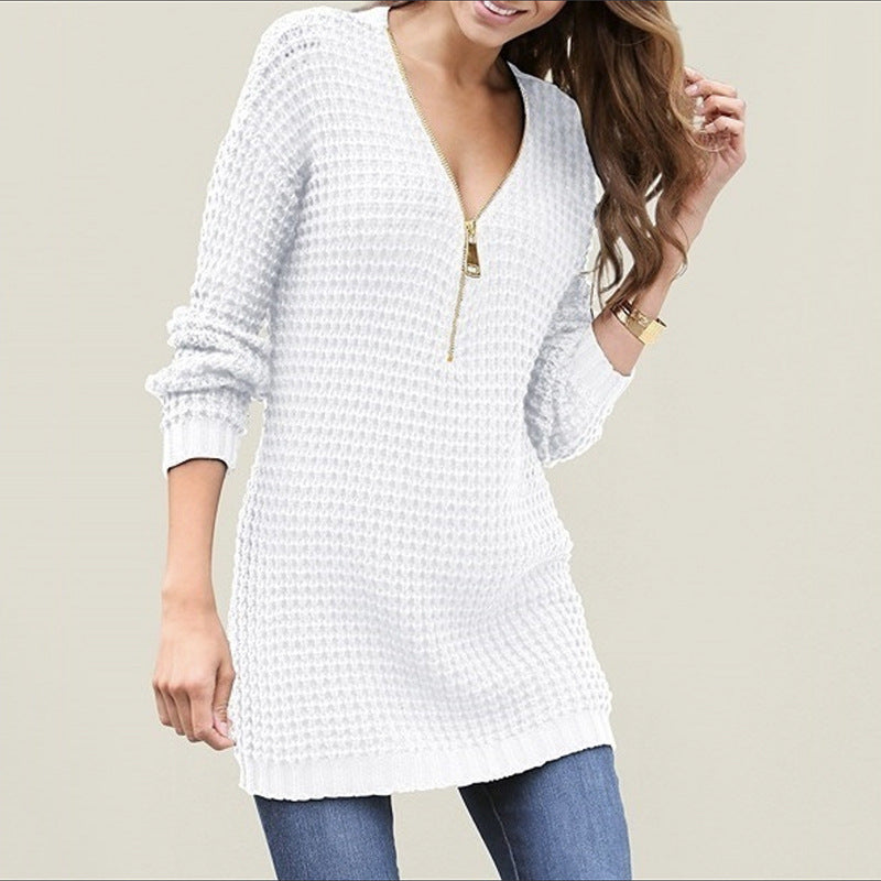 Zip V-Neck Sweater Dress