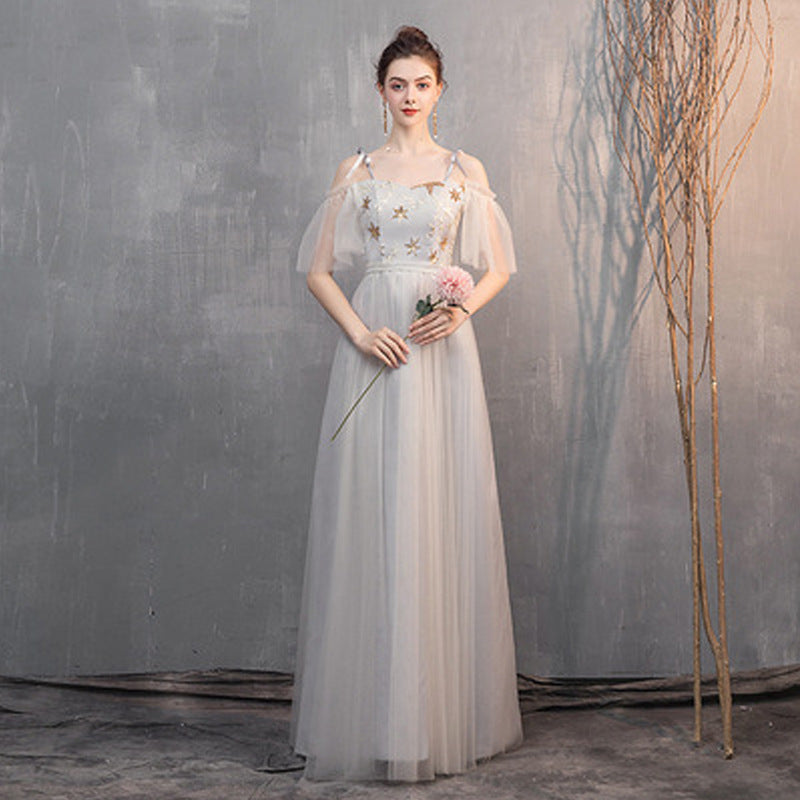 Champagne Gray Off-Shoulder Slim-Fit Bridesmaid Dress