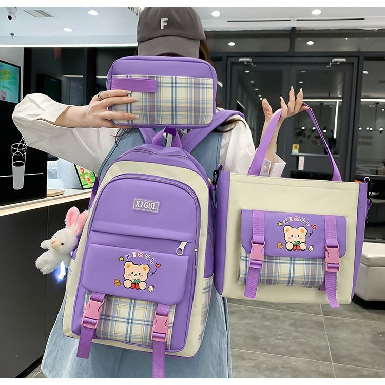 Large Capacity High School Plaid Three-Piece Set Junior High School Student Elementary School Studebt Backpack