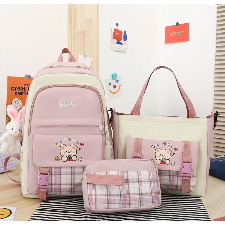 Large Capacity High School Plaid Three-Piece Set Junior High School Student Elementary School Studebt Backpack