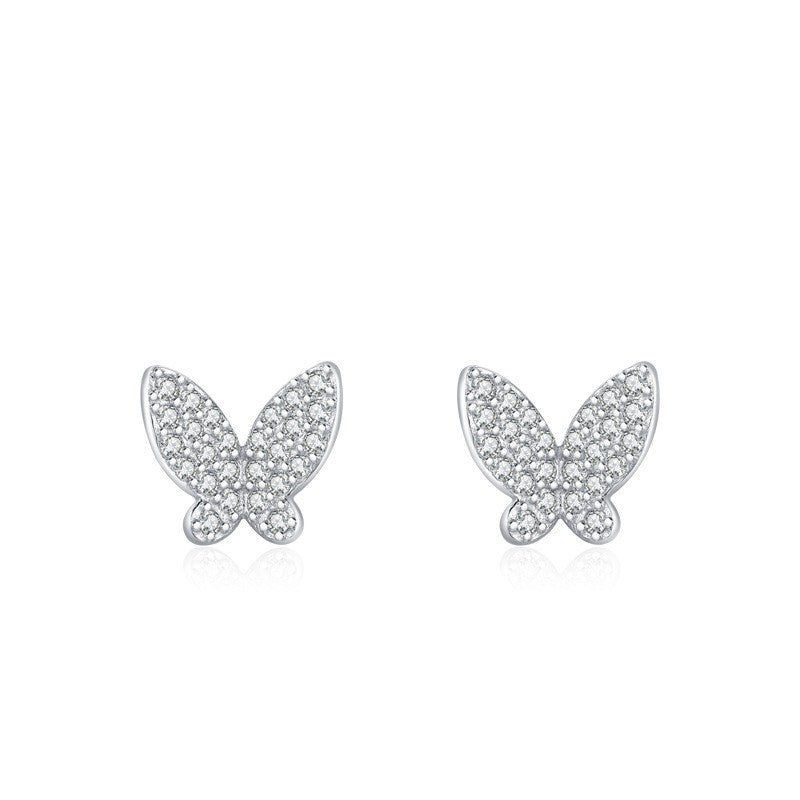 S925 Sterling Silver Butterfly Shiny Diamond-Encrusted Stud Earrings