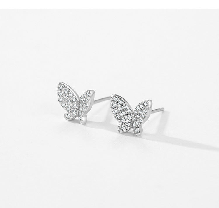 S925 Sterling Silver Butterfly Shiny Diamond-Encrusted Stud Earrings