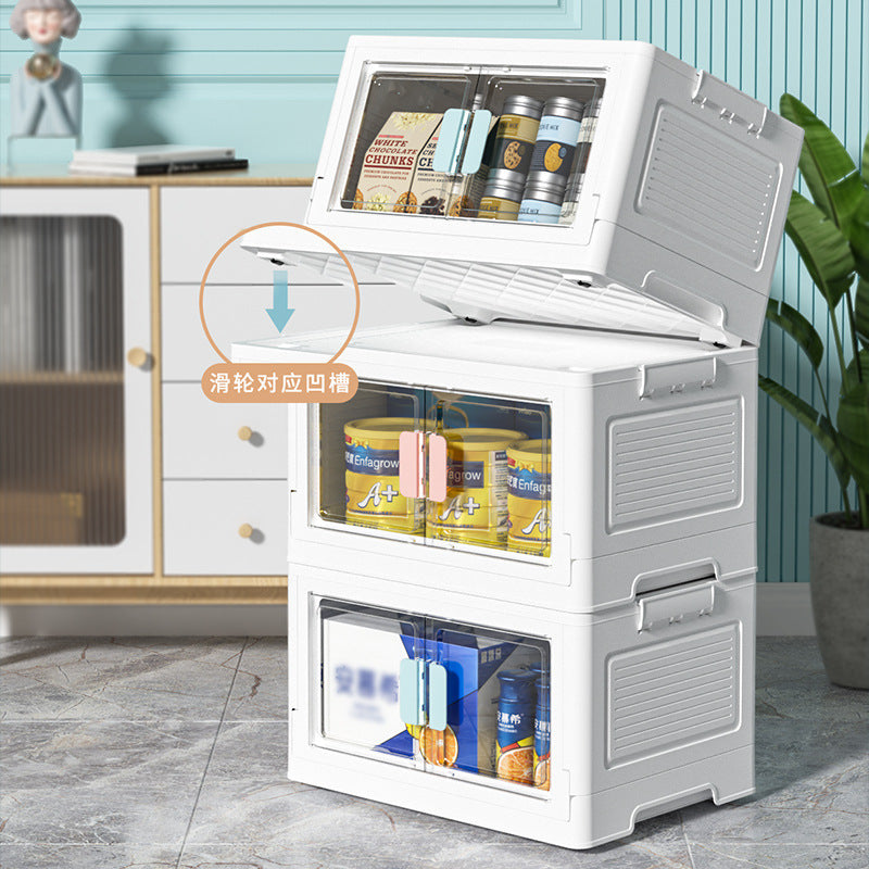 Folding Storage Box Transparent Side Double-Door Storage Cabinet with Wheels