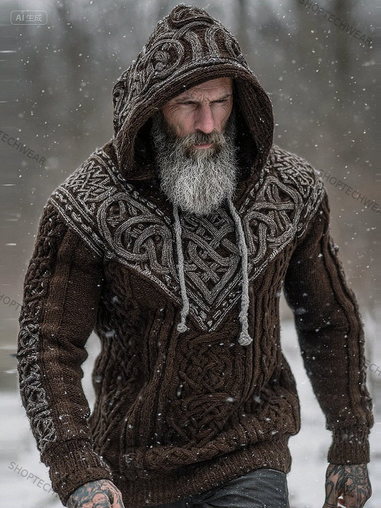 Mens Printed Hooded Knitted Sweatshirt Top