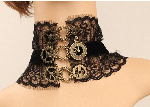Elegant Black Lace And Metal Gears Steampunk Choker
