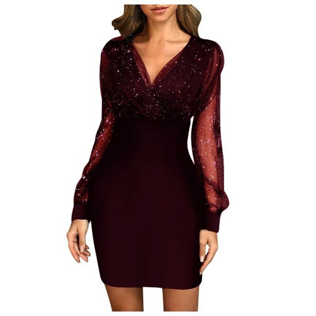 Women's Autumn Long-Sleeved Stitching V-Neck Mesh Dress