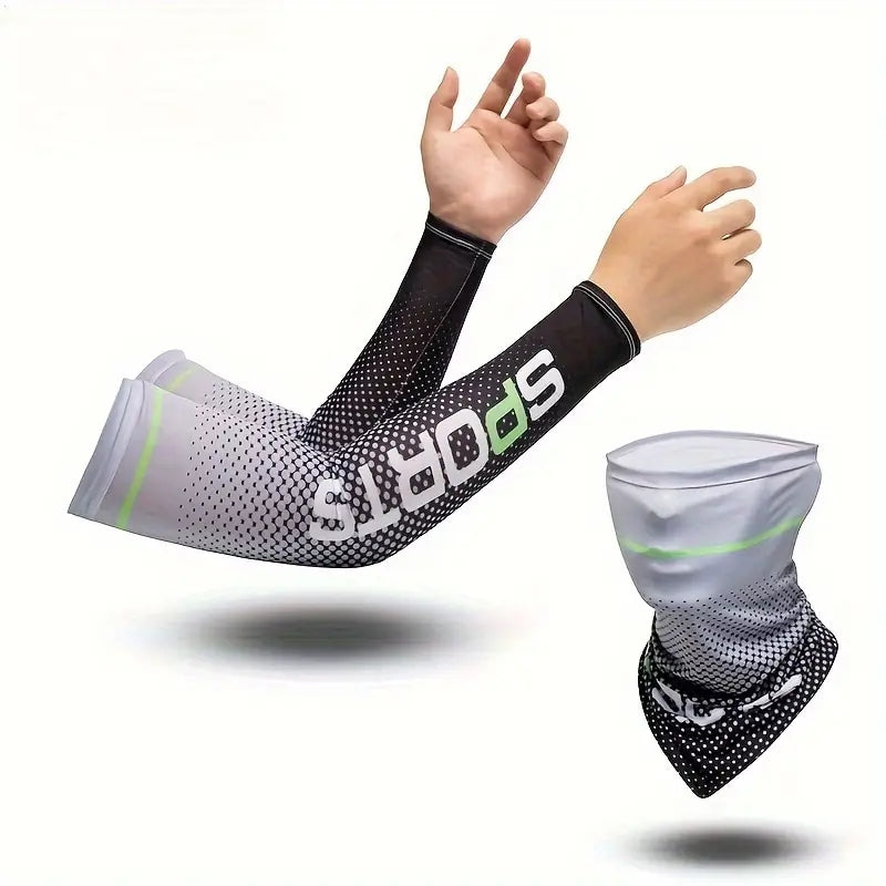 UV Resistant Ice Silk Cooling Set - 1 Pair Arm Sleeves 1 Face Mask Scarf, Sun Protection For Running, Cycling, Outdoor Sports