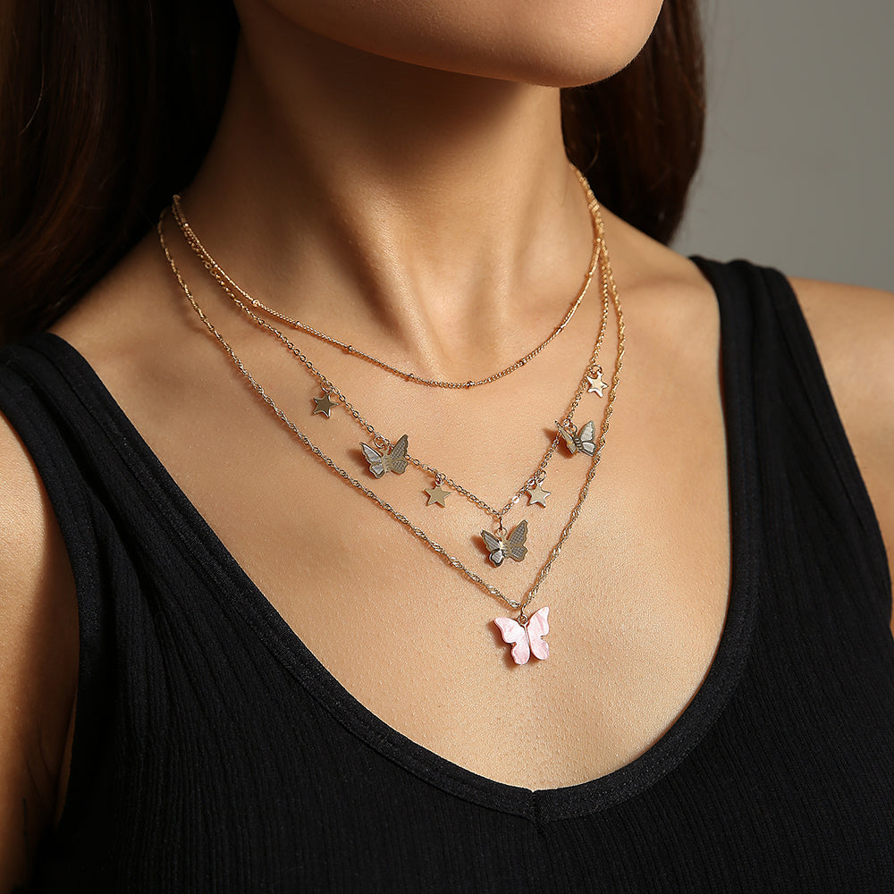 Simple Temperament Net Red Multi-Layer Butterfly Three-Layer Necklace Female South Korea Metal Star Multi-Layer Necklace INS Clavicle Chain
