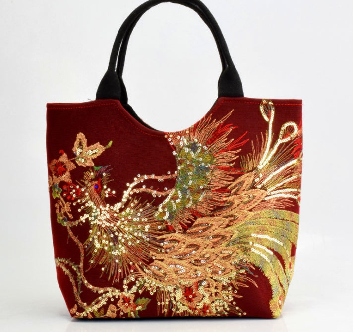 Canvas Peacock Embroidery Small Handbag