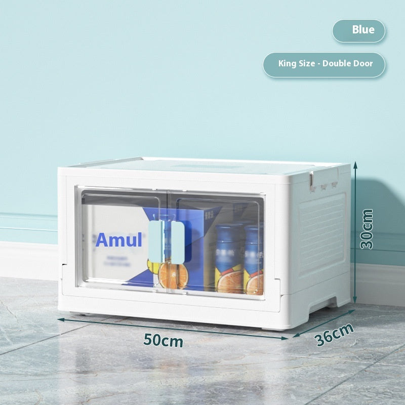 Folding Storage Box Transparent Side Double-Door Storage Cabinet with Wheels