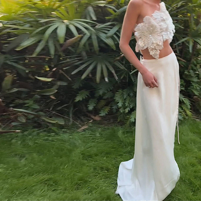 Backless Sequined Lace-Up Top Split Solid Skirt Suit