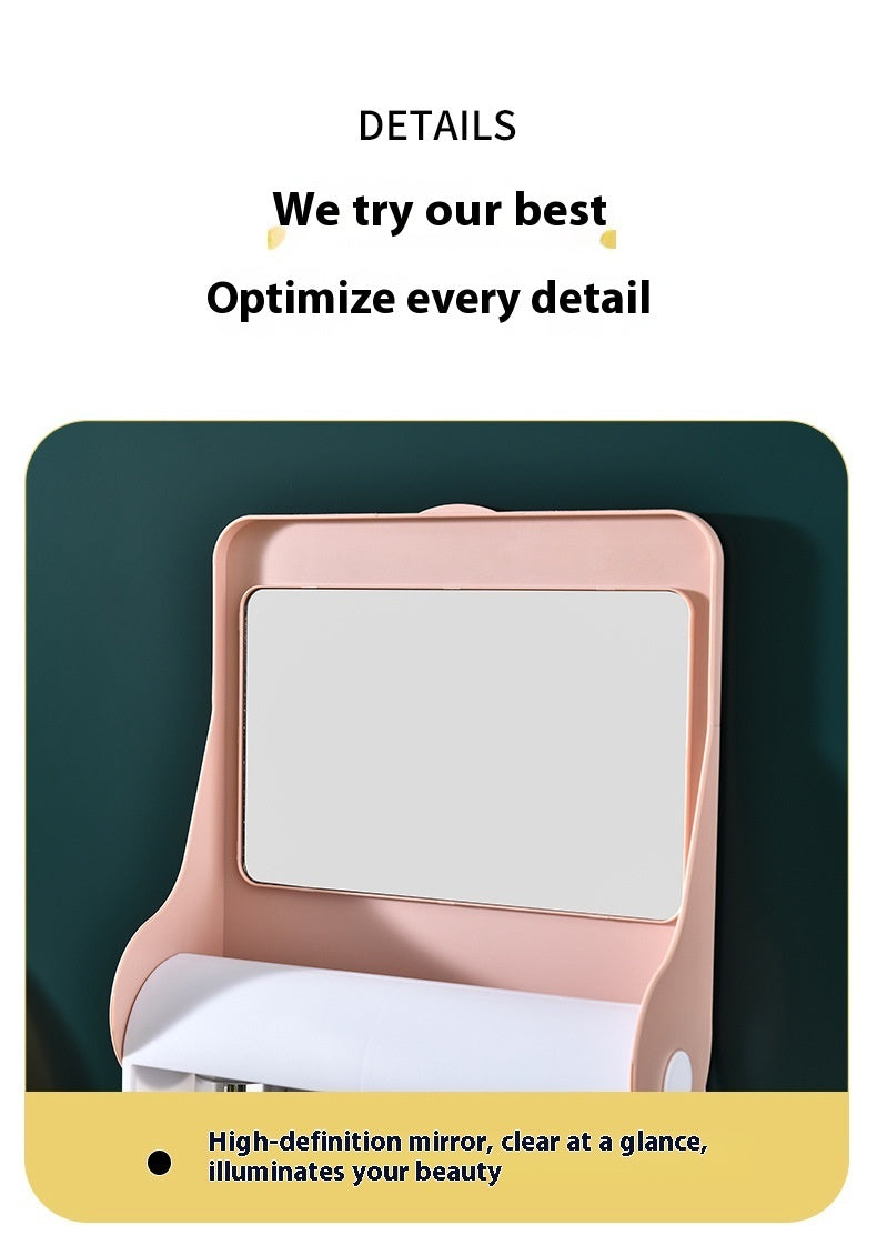 Plastic Cosmetic Storage Box Wall-Mounted Storage Rack With Mirror