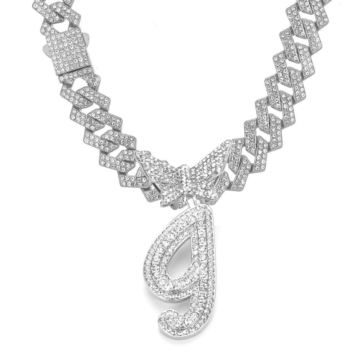 English Letter Alloy Rhinestone Pendant Necklace Butterfly