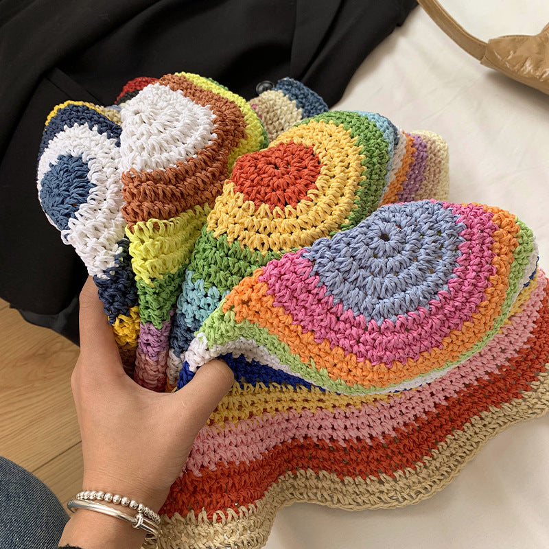 Rainbow Straw Bucket Hat Women's Summer Breathable Sun-Proof Sun Protection