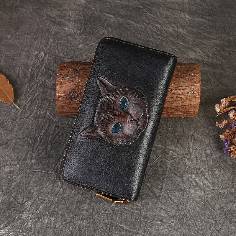 Genuine Leather Coin Purse Cat Embossed Multi-Card-Slot Card Holder Design Sense