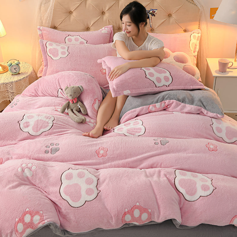 Coral Velvet Sheet Duvet Cover Double Sided Plus Velvet Thick Bedding Set