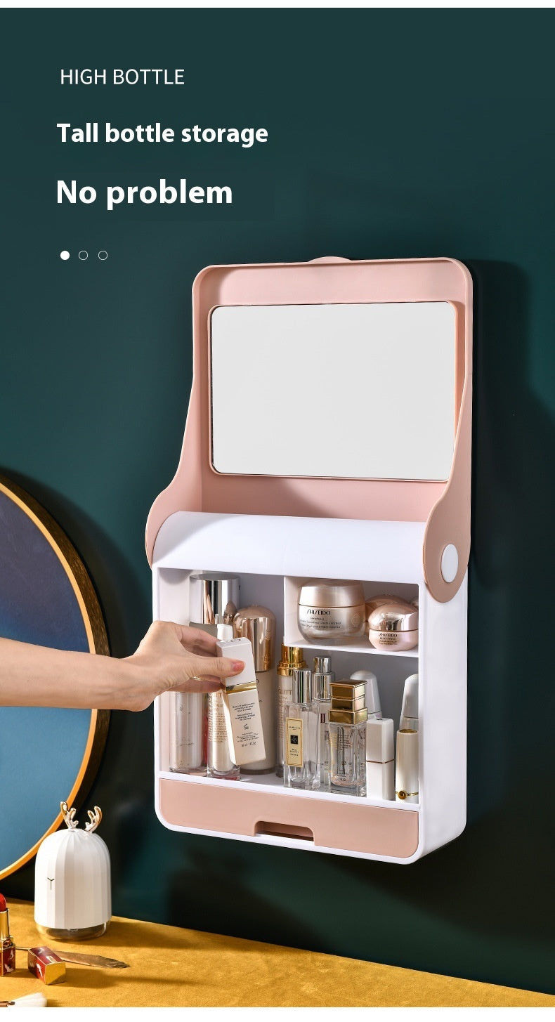 Plastic Cosmetic Storage Box Wall-Mounted Storage Rack With Mirror