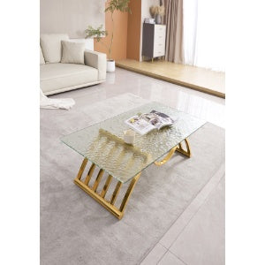 47 Rectangle Modern Stainless Steel Coffee Table, Water Ripple Tempered Glass Coffee Table, Center Table, For Living Room Home Office, Easy Assembly, Gold