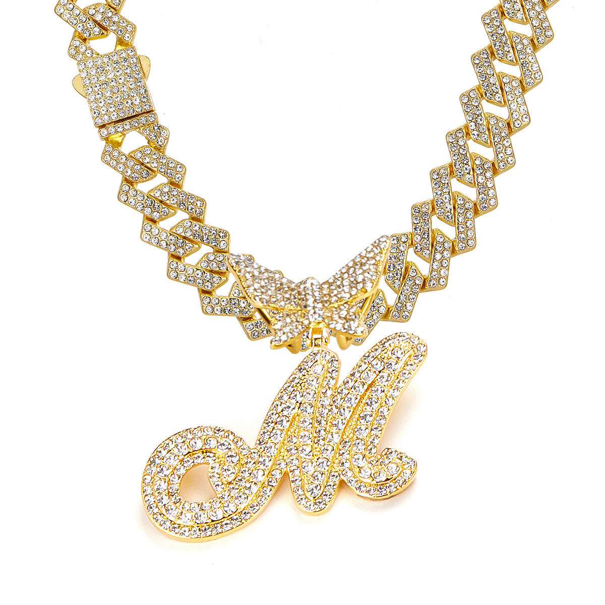 English Letter Alloy Rhinestone Pendant Necklace Butterfly