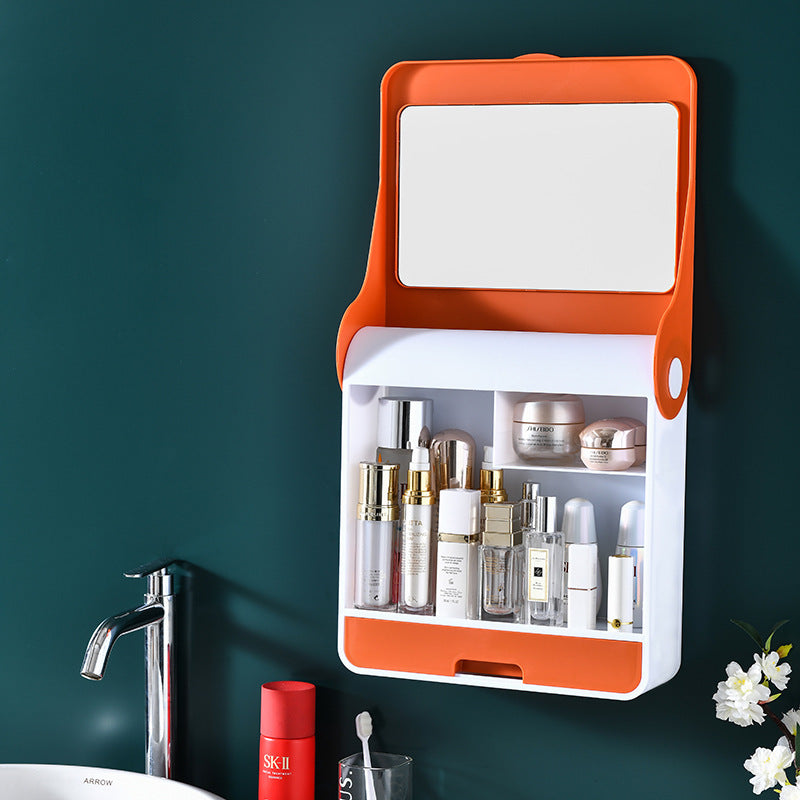 Plastic Cosmetic Storage Box Wall-Mounted Storage Rack With Mirror