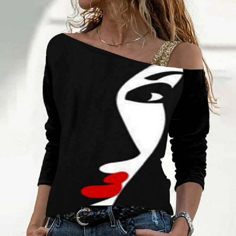 Fashion Print Stitching Oblique Shoulder Long-Sleeved T-shirt