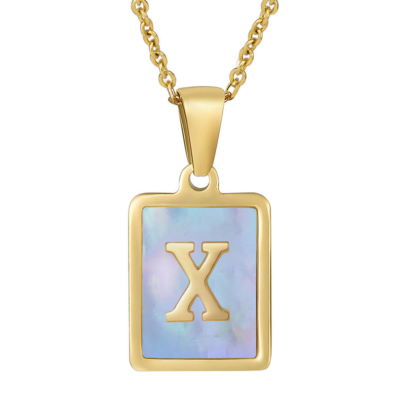 Titanium Steel 26 English Letter Necklace Blue Shell