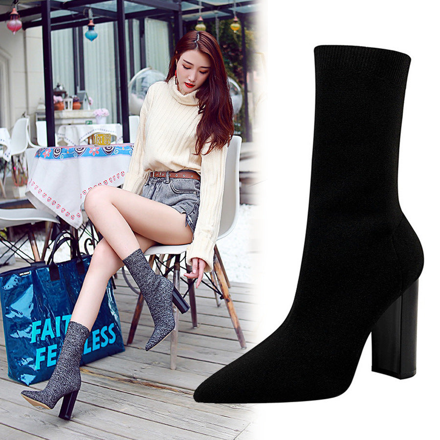 Sexy High-Heeled Pointed Toe Wool Ankle Boots