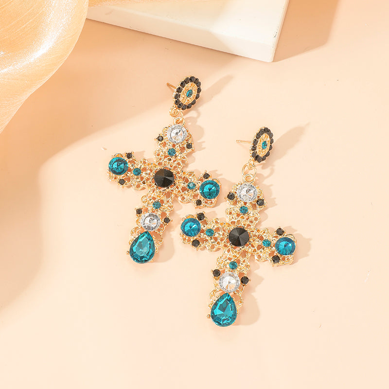 1 Pair Gothic Vintage Black Crystal Cross Drop Earrings, Punk Style Zinc Alloy Jewelry