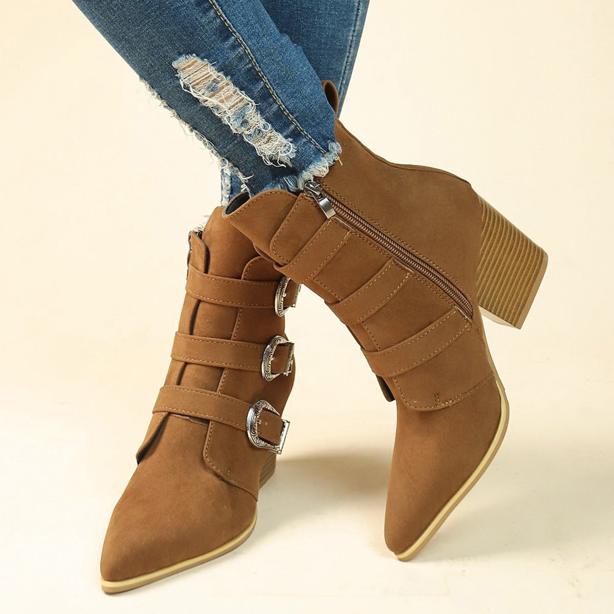Chunky Heel Pointed Toe Boots With Belt Buckle Design Retro Mid-Calf Boot Fashion Fall Winter Shoes For Women