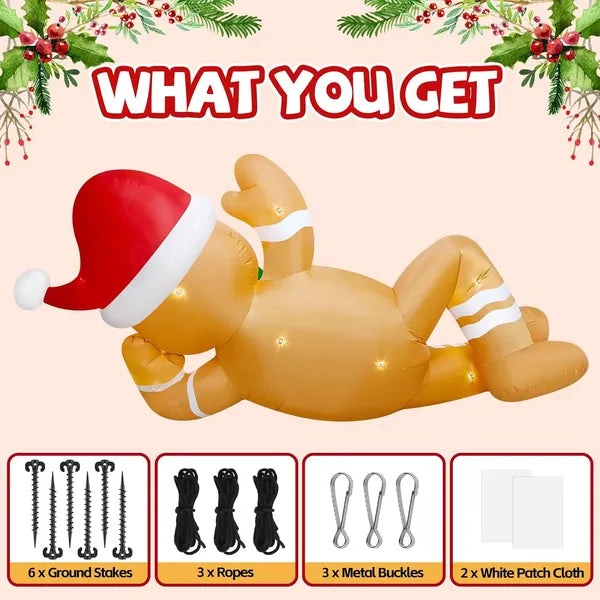 10FT Christmas Inflatables Outdoor Decorations, Giant Lying Gingerbread Inflatable With Built-in LED Lights Xmas Blow Up Yard Decoration For Holiday Party Garden Lawn Roof Outdoor Decor