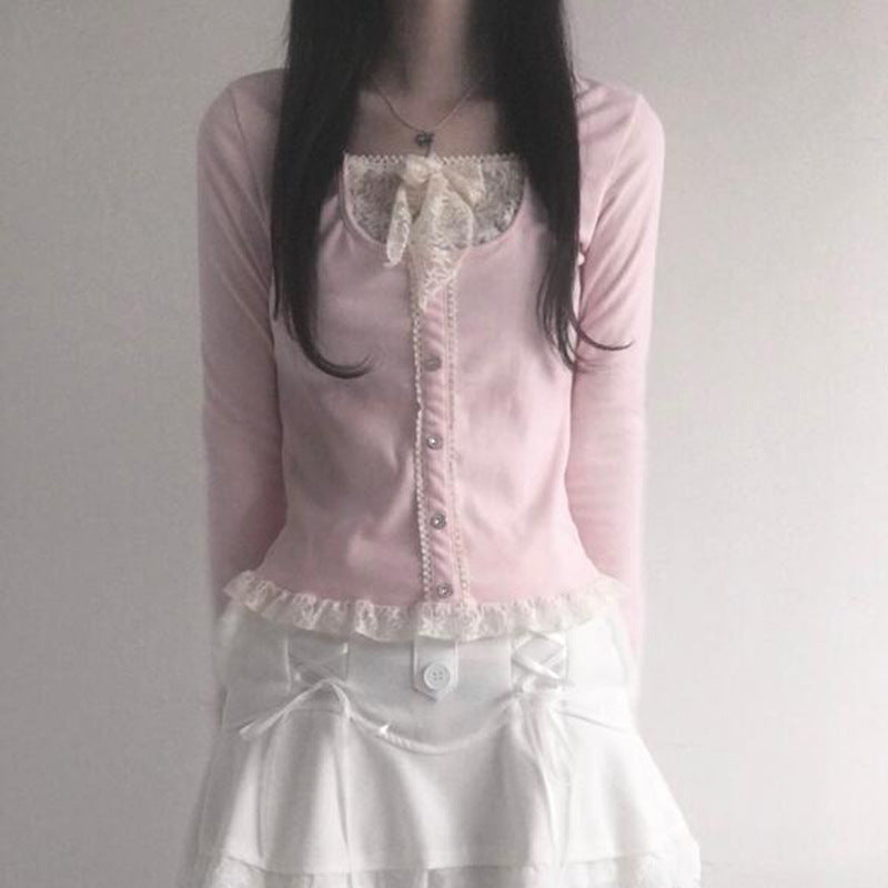 Girl's Lace Stitching Contrast Color Knitted Long-Sleeved Top T-shirt