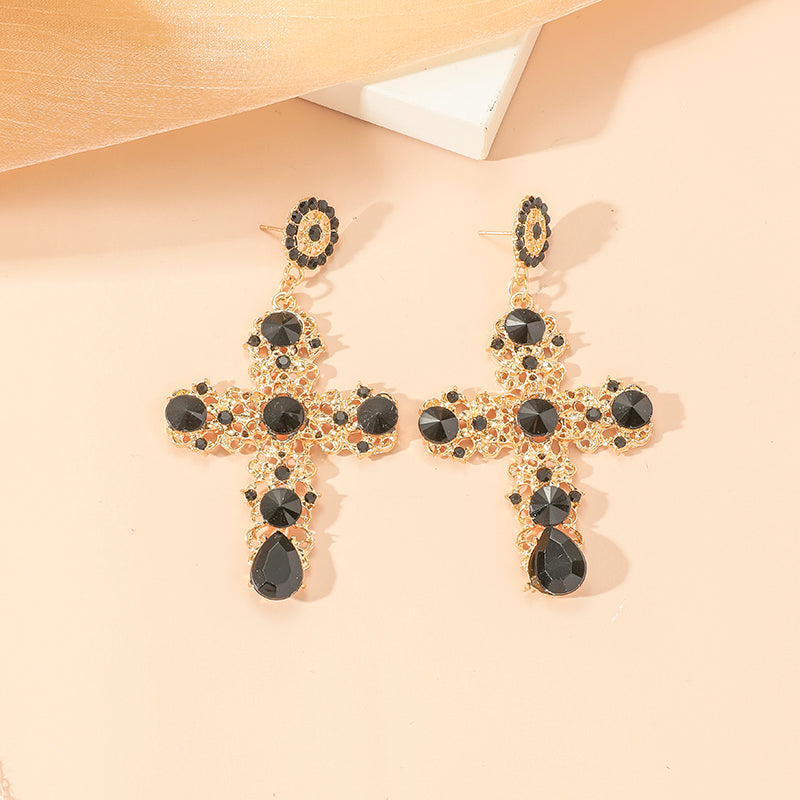 1 Pair Gothic Vintage Black Crystal Cross Drop Earrings, Punk Style Zinc Alloy Jewelry