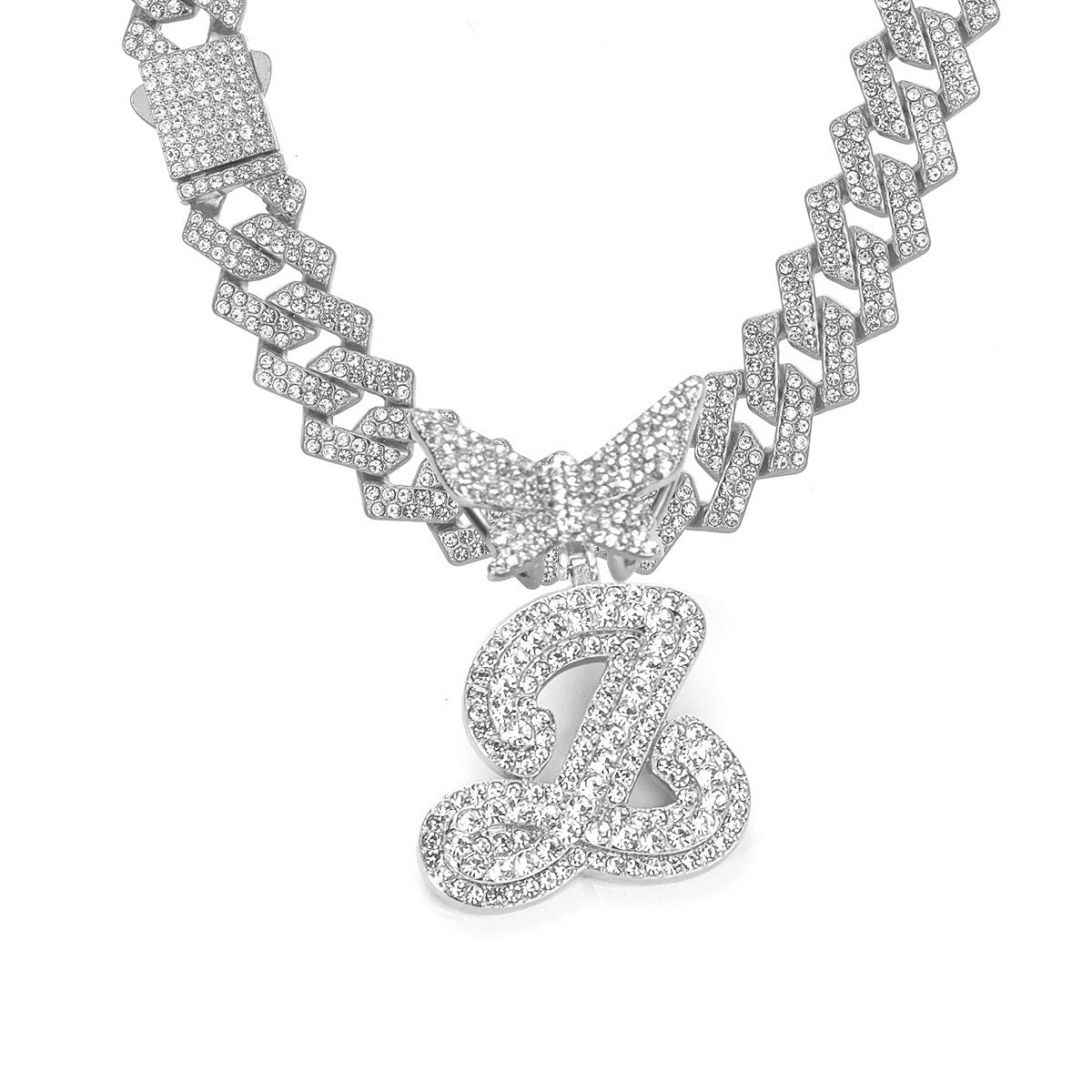 English Letter Alloy Rhinestone Pendant Necklace Butterfly