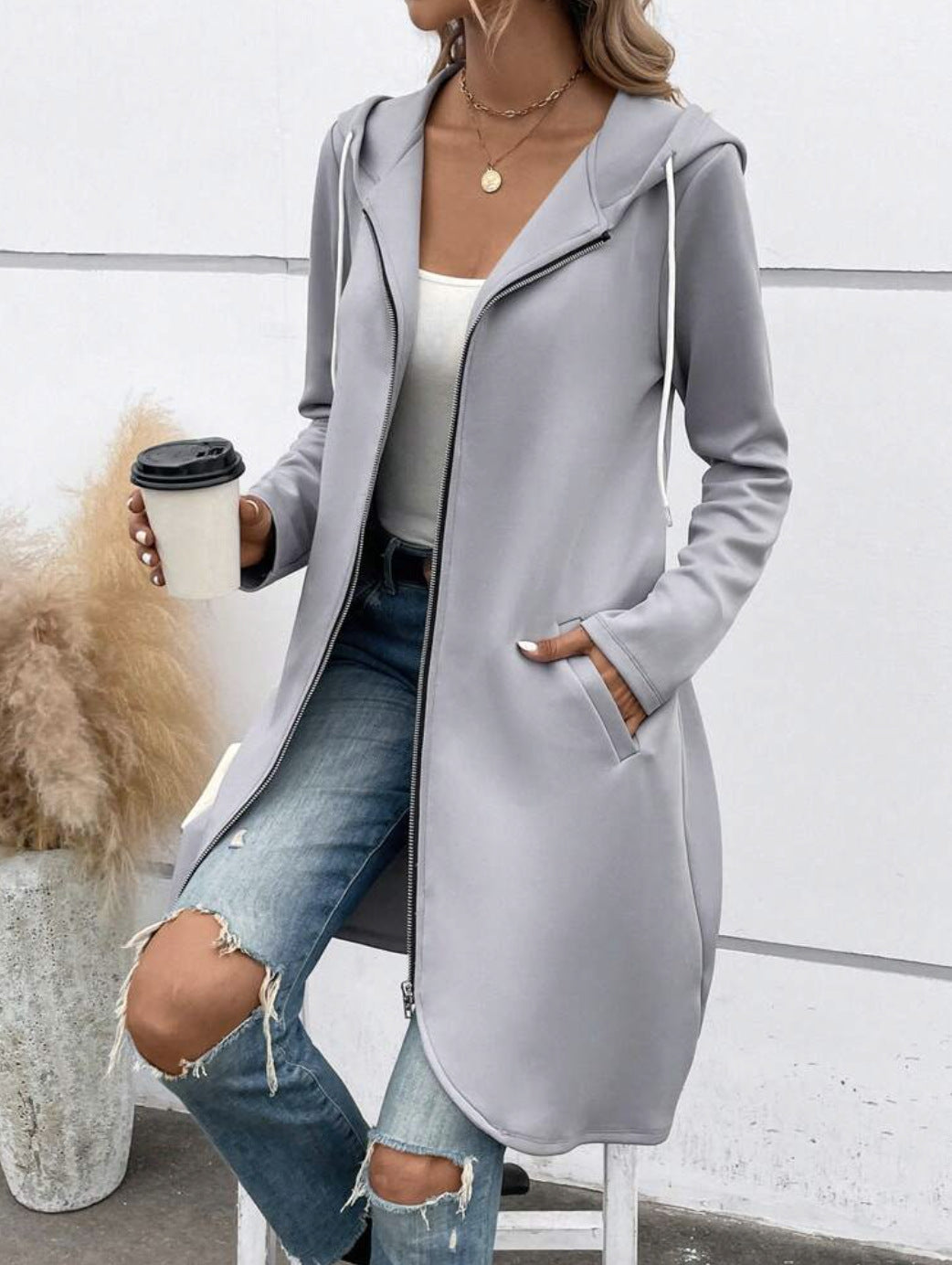 Personality Street Zip Hooded Long Velvet Lining Sweatshirt