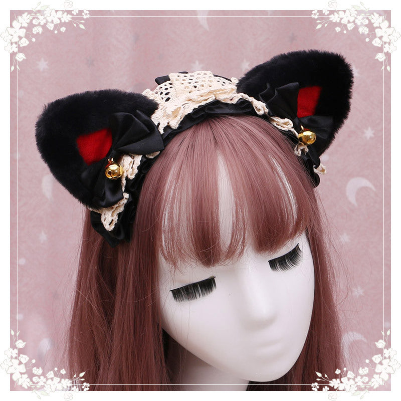 A Lovely Japanese Lolita Hairdress, Catwoman Plush Lolita Headdress, Lace Cat Ear Hair Band