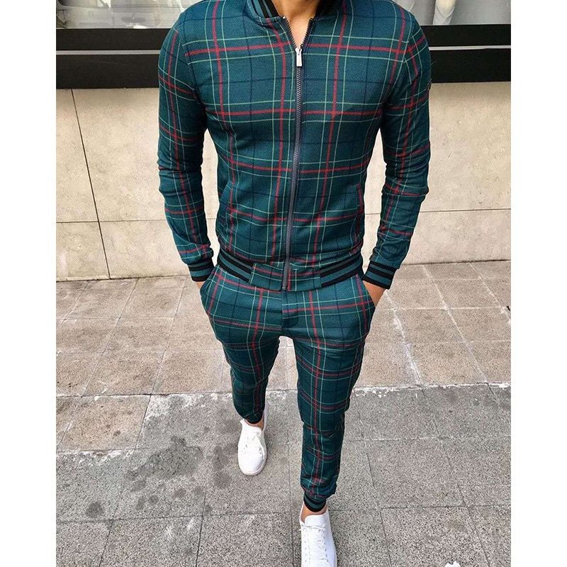 New Men's Leisure Suits Tracksuits Men Grid Two-Piece Patchwork Zipper Tracksuits Small Leg Trouser Sportswear New Man Sets