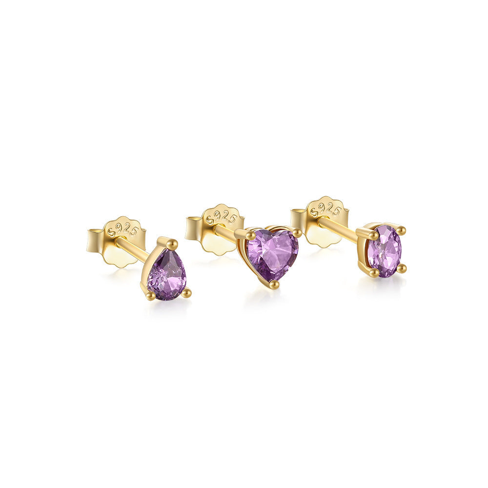 S925 Sterling Silver Purple Cluster Heart-Shaped Diamond Stud Earrings